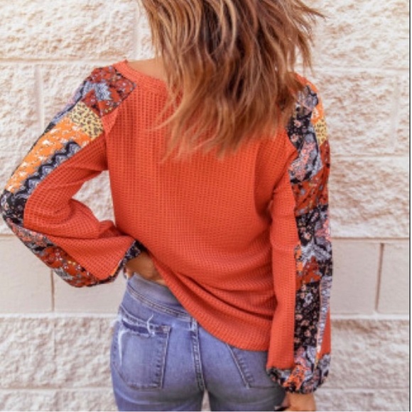 Waffle Knit Fall Boho Print Spliced Top - Picture 2 of 5